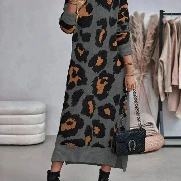 Multicolor Casual Women's Leopard Print Turtleneck Sweater Dress - Picture 5 of 6